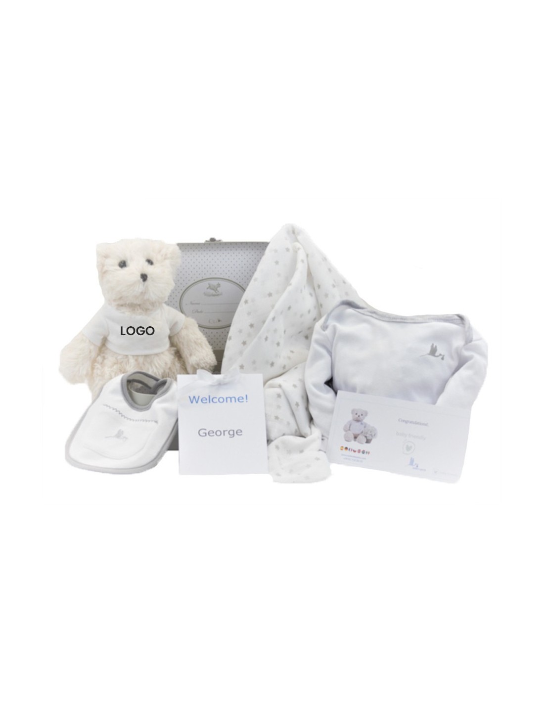 Coffret Cadeau Naissance Personnalisé BebeDeParis - Doudou Lapin, Couverture Polaire Grise & Tétine Gravée - Luxe Pour Nouveau-Né