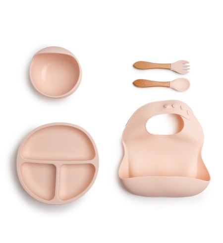 Vajilla de Silicona Rosa + Babero Bordado y Oso de Peluche con Nombre