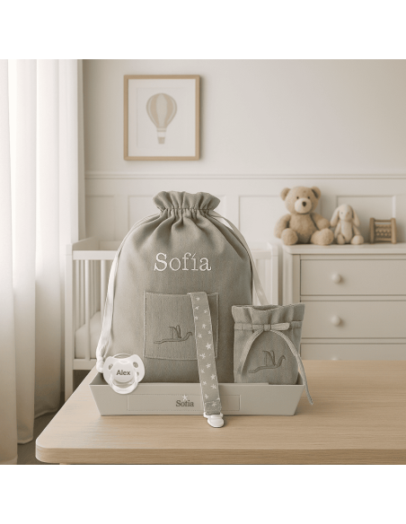 Lot avec tétine personnalisée, attache-tétines, pochette pour tétines et sac à langer