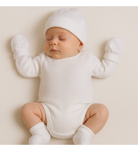 Coffret bébé : chaussons, moufles, bonnet et peluche dans une boîte vintage