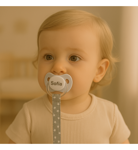 Lot avec tétine personnalisée, attache-tétines, pochette pour tétines et sac à langer