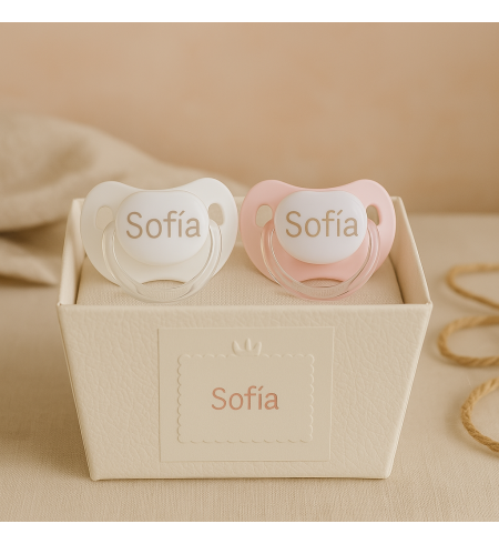 Set de Deux Sucettes, Attache-sucette et Bavoir Personnalisés | Coffret Bébé