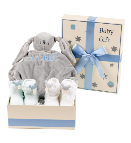 Coffret Cadeau Bébé avec Doudou Brodé et Chaussettes – Cadeau Personnalisé pour Nouveau-Né