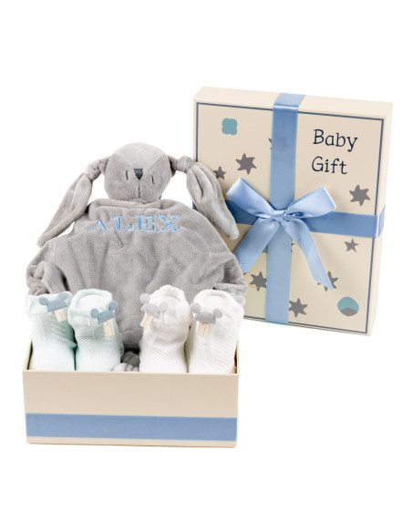 Coffret Cadeau Bébé avec Doudou Brodé et Chaussettes – Cadeau Personnalisé pour Nouveau-Né