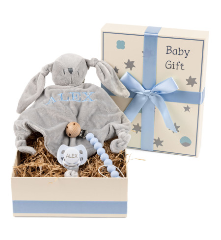 Coffret Cadeau avec Sucette, Doudou Brodé et Attache en Silicone – Parfait pour Bébé