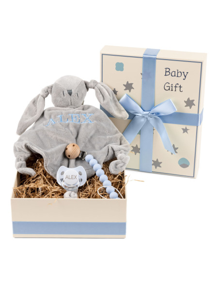 Coffret Cadeau avec Sucette, Doudou Brodé et Attache en Silicone – Parfait pour Bébé