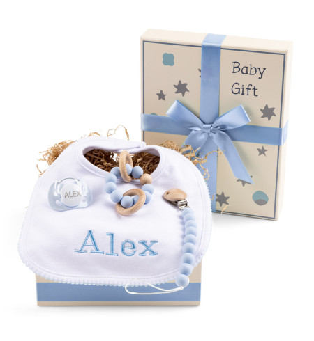 Coffret Bébé avec Tétine, Anneau et Bavoir Brodé – Tendresse et Utilité
