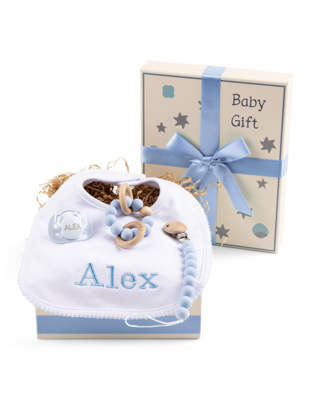 Coffret Bébé avec Tétine, Anneau et Bavoir Brodé – Tendresse et Utilité
