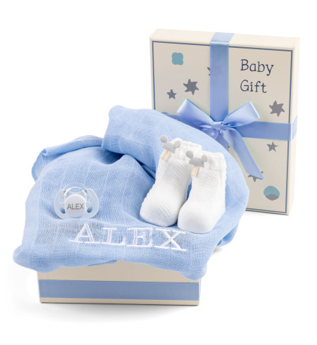Coffret Bébé avec Mousseline Brodée, Tétine & Chaussettes – Cadeau Doux