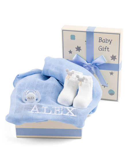 Coffret Bébé avec Mousseline Brodée, Tétine & Chaussettes – Cadeau Doux