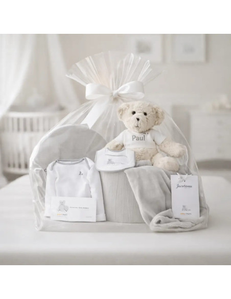 Coffret bébé : couverture brodée, body, bavoir et peluche | Cadeau complet pour naissance