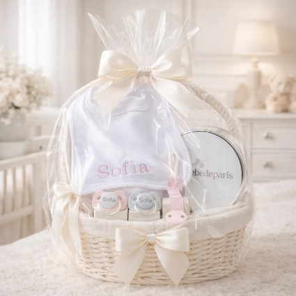 Set de Deux Sucettes, Attache-sucette et Bavoir Personnalisés | Coffret Bébé