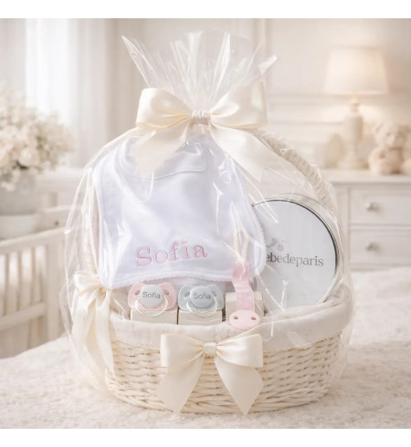 Set de Deux Sucettes, Attache-sucette et Bavoir Personnalisés | Coffret Bébé