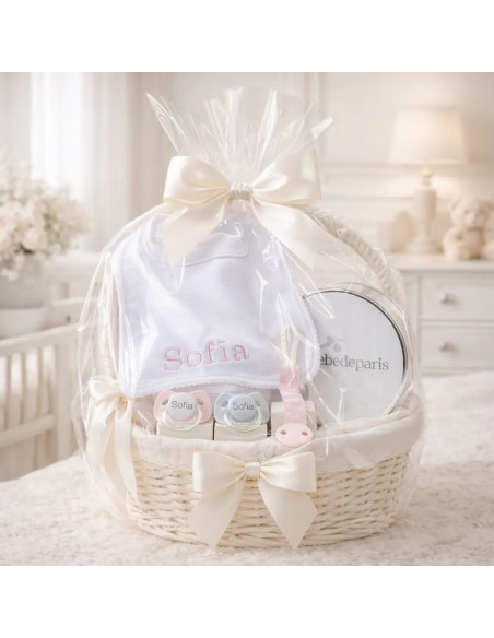 Set de Deux Sucettes, Attache-sucette et Bavoir Personnalisés | Coffret Bébé