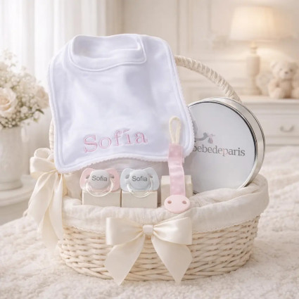 Set de Deux Sucettes, Attache-sucette et Bavoir Personnalisés | Coffret Bébé 2