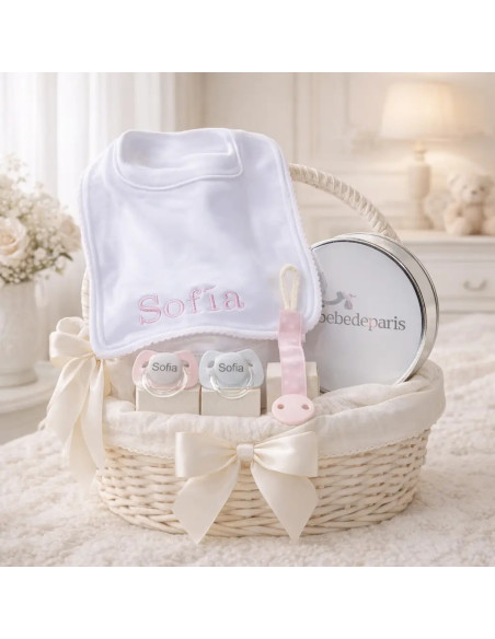 Set de Deux Sucettes, Attache-sucette et Bavoir Personnalisés | Coffret Bébé