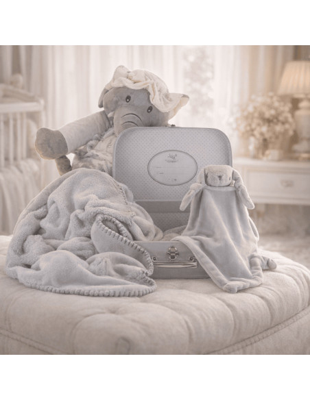 Coffret bébé valise, couverture et doudou personnalisés | Cadeau naissance raffiné