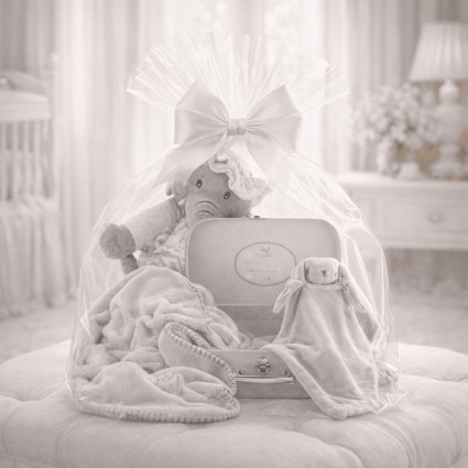 Coffret bébé valise, couverture et doudou personnalisés | Cadeau naissance raffiné