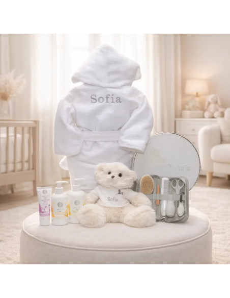 Coffret Cosmétique et Peignoir Personnalisé pour Bébé | Cadeau de Naissance Haut de Gamme