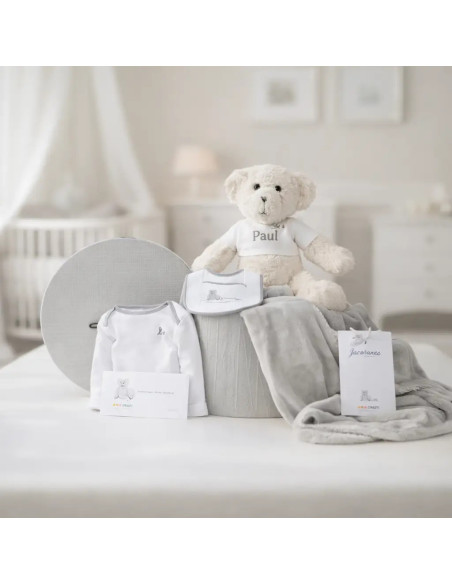 Coffret bébé : couverture brodée, body, bavoir et peluche | Cadeau complet pour naissance