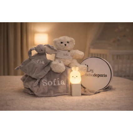 Lampe Veilleuse, Ours en Peluche, Pyjama, Doudou et Couverture Personnalisée | Coffret Naissance 2