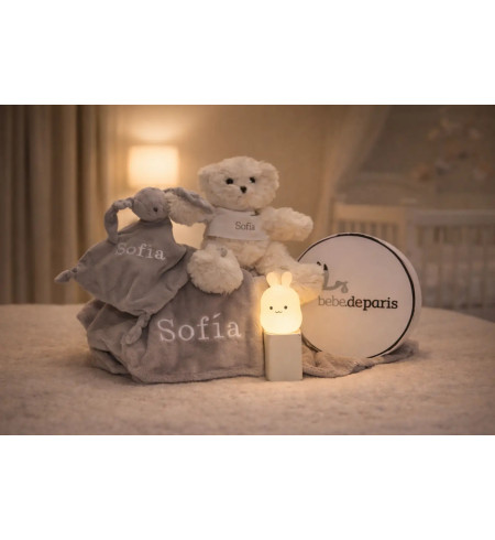 Lampe Veilleuse, Ours en Peluche, Pyjama, Doudou et Couverture Personnalisée | Coffret Naissance