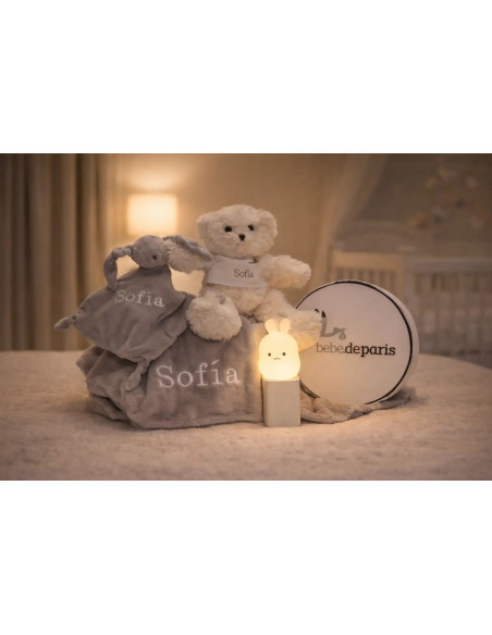 Lampe Veilleuse, Ours en Peluche, Pyjama, Doudou et Couverture Personnalisée | Coffret Naissance