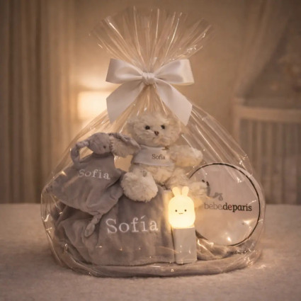 Lampe Veilleuse, Ours en Peluche, Pyjama, Doudou et Couverture Personnalisée | Coffret Naissance
