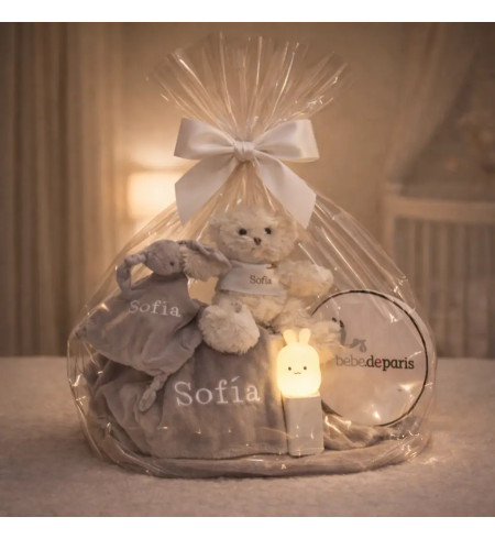Lampe Veilleuse, Ours en Peluche, Pyjama, Doudou et Couverture Personnalisée | Coffret Naissance