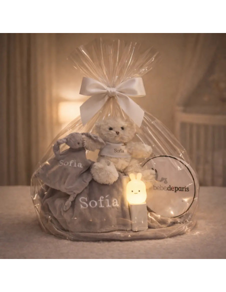 Lampe Veilleuse, Ours en Peluche, Pyjama, Doudou et Couverture Personnalisée | Coffret Naissance