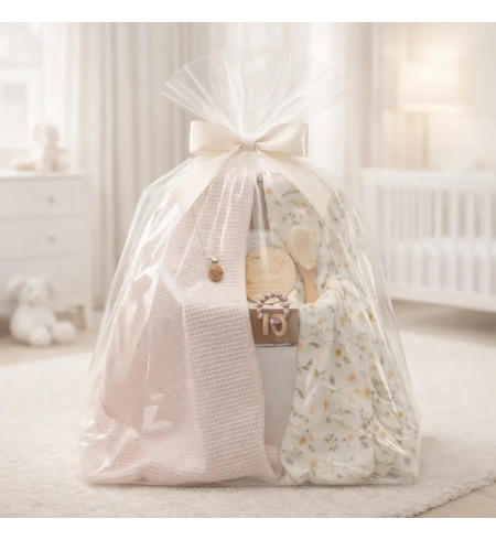 Cadeau durable pour bébé : 2 langes, anneau de dentition et attache-tétine rose