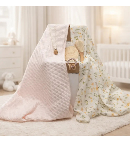 Cadeau durable pour bébé : 2 langes, anneau de dentition et attache-tétine rose