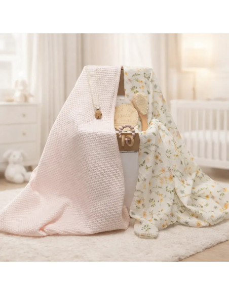 Cadeau durable pour bébé : 2 langes, anneau de dentition et attache-tétine rose