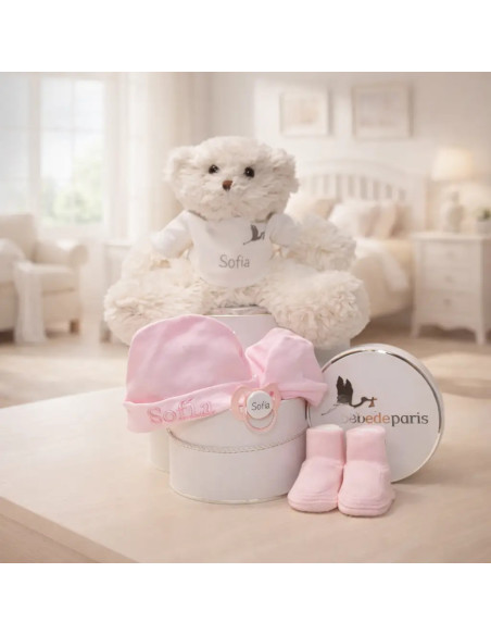 Coffret Bébé : Bonnet, Moufles, Chaussons Personnalisés + Sucette Prénom et Ours en Peluche