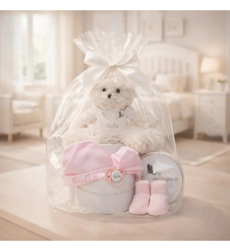 Coffret Bébé : Bonnet, Moufles, Chaussons Personnalisés + Sucette Prénom et Ours en Peluche
