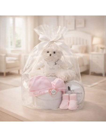 Coffret Bébé : Bonnet, Moufles, Chaussons Personnalisés + Sucette Prénom et Ours en Peluche