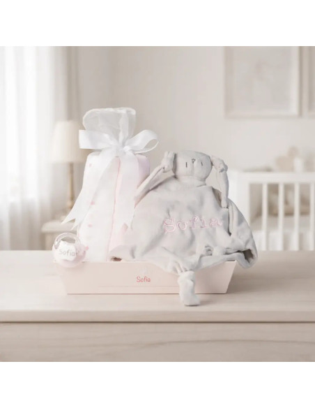 Set lange, doudou et tétine personnalisée | Cadeau de naissance personnalisé