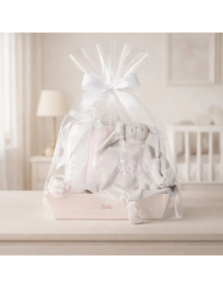 Set lange, doudou et tétine personnalisée | Cadeau de naissance personnalisé