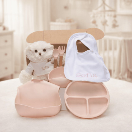 Vaisselle en Silicone, Bavoir Brodé et Ours Personnalisé | Coffret Cadeau Bébé 2