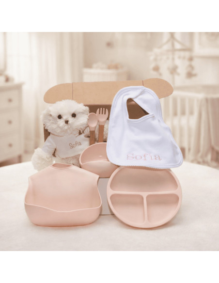 Vaisselle en Silicone, Bavoir Brodé et Ours Personnalisé | Coffret Cadeau Bébé