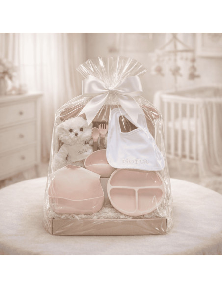 Vaisselle en Silicone, Bavoir Brodé et Ours Personnalisé | Coffret Cadeau Bébé
