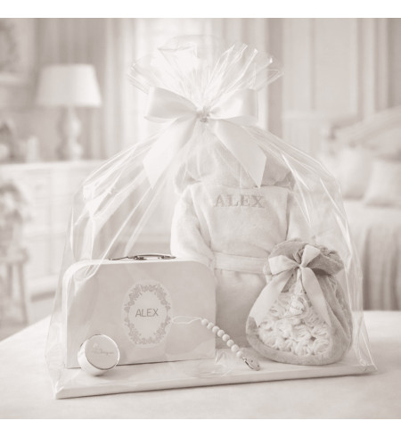 Gâteau de Couches avec Peignoir, Valisette et Sucette | Coffret Naissance Complet