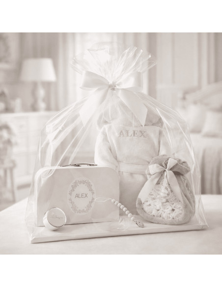Gâteau de Couches avec Peignoir, Valisette et Sucette | Coffret Naissance Complet