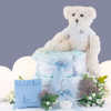 Gâteau de couches sucette personnalisée, housse et ours en peluche bleu