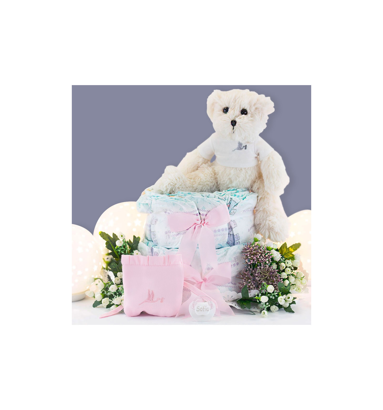 Gâteau de couches sucette personnalisée, housse et ours en peluche rose