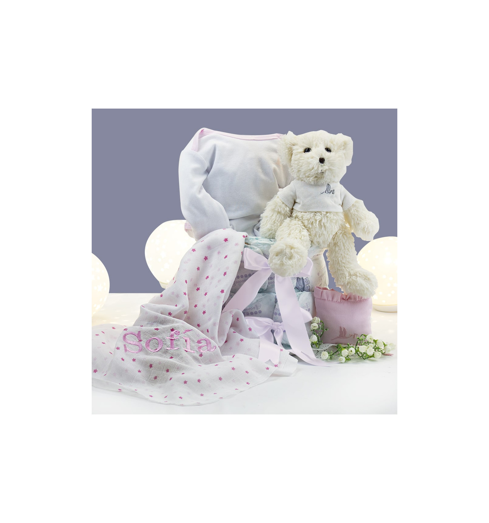 Gâteau de couches mousseline personnalisé pochette et ours en peluche rose